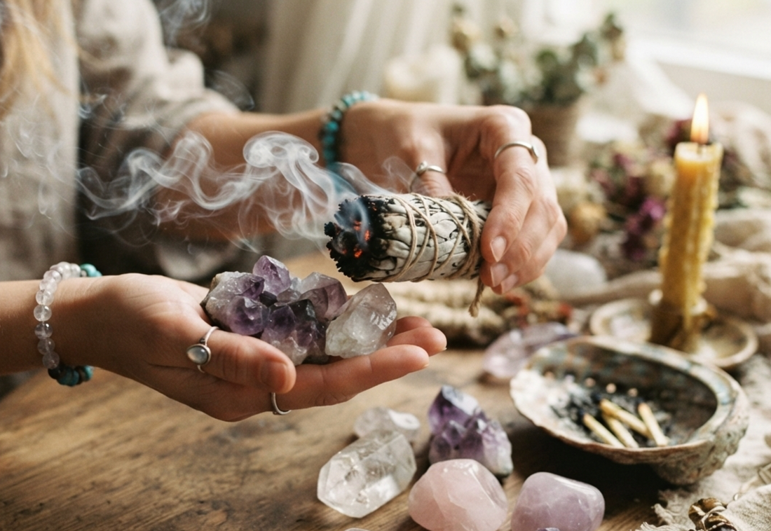 A scene of a woman cleansing some crystals with sage. She is seated at a desk covered in crystals, candles and matches. The shot is focused on her cleansing a crystal positioned in the palm of her hand.