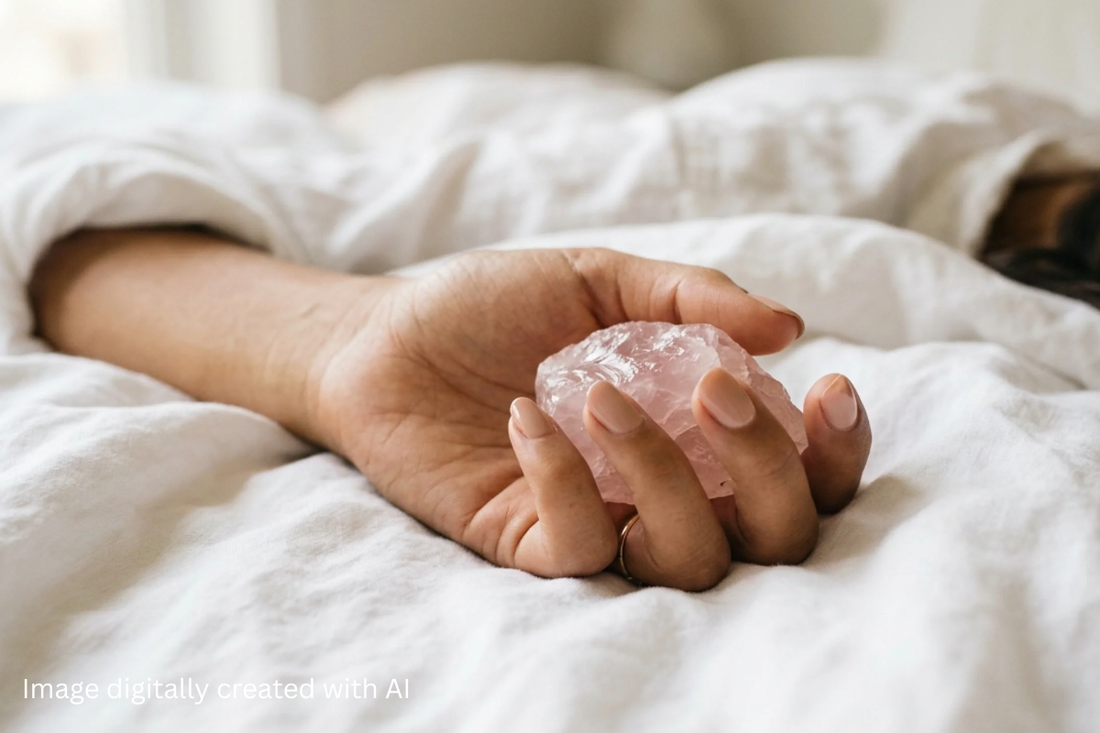 A focused shot of a woman's hand laying softly against a bed, with a crystal being held lightly in the palm of the woman's hand.