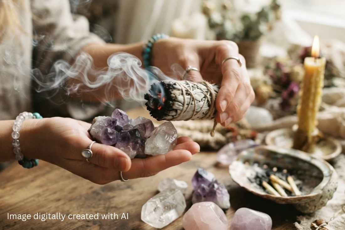 A scene of a woman cleansing some crystals with sage. She is seated at a desk covered in crystals, candles and matches. The shot is focused on her cleansing a crystal positioned in the palm of her hand.