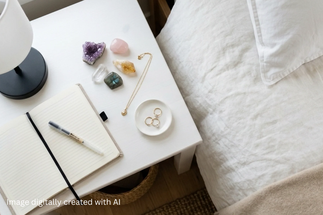 An overhead shot of some healing crystals on a bedside table, alongside some jewellery, a notebook and pen, and a lamp, positioned next to a bed.