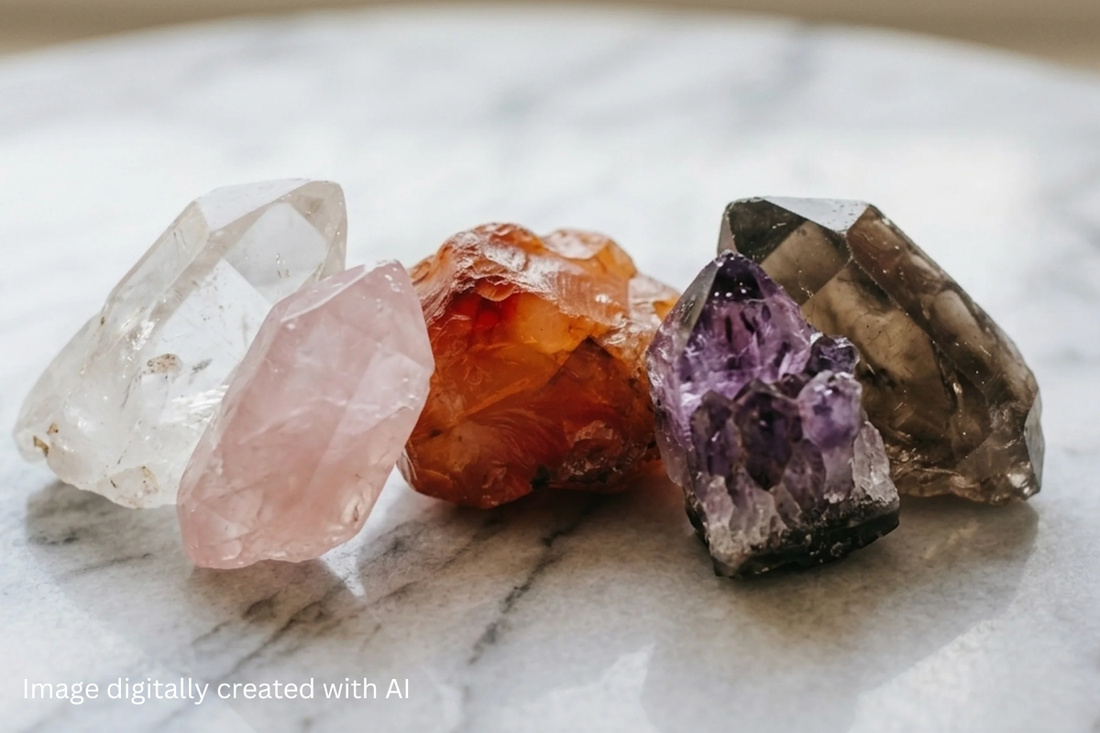 A focused shot of 5 different coloured healing crystals on a marble surface.