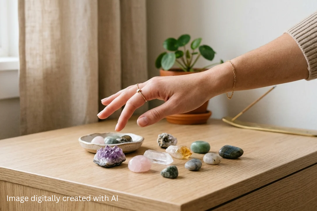 A focused shot of a woman's hand reaching out over a bed-side table to pick a crystal from a collection on top of the table.