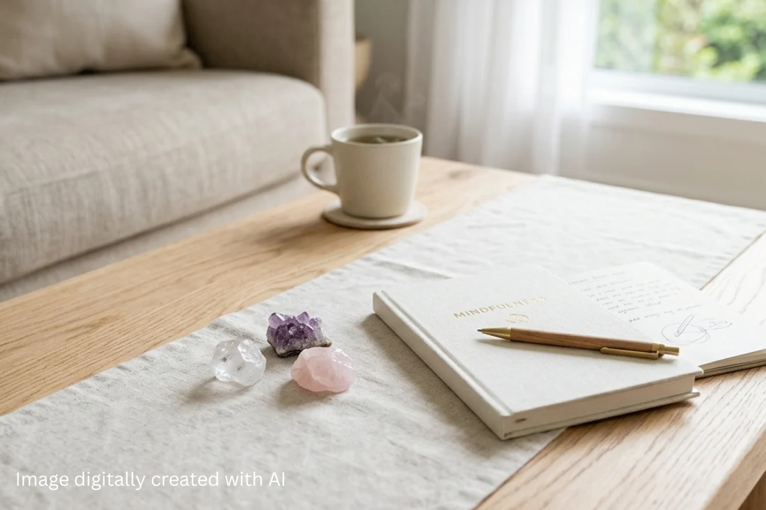 A shot of some healing crystals, a notebook and pen, and a coffee cup, positioned on a lounge room table within a light-filled space.