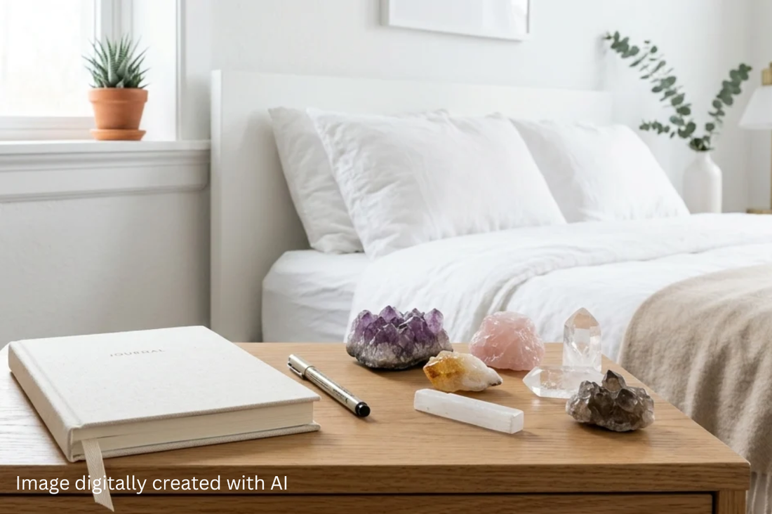 A shot of various healing crystals positioned on a bedside table, alongside a notebook and a pen, with a bed positioned to the left side.