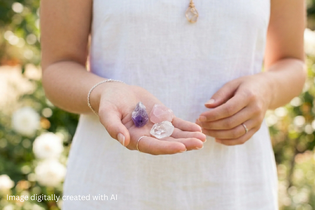 A focused shot of a woman in a white dress, holding some healing crystals in the palm of her hand, positioned in front of her body.