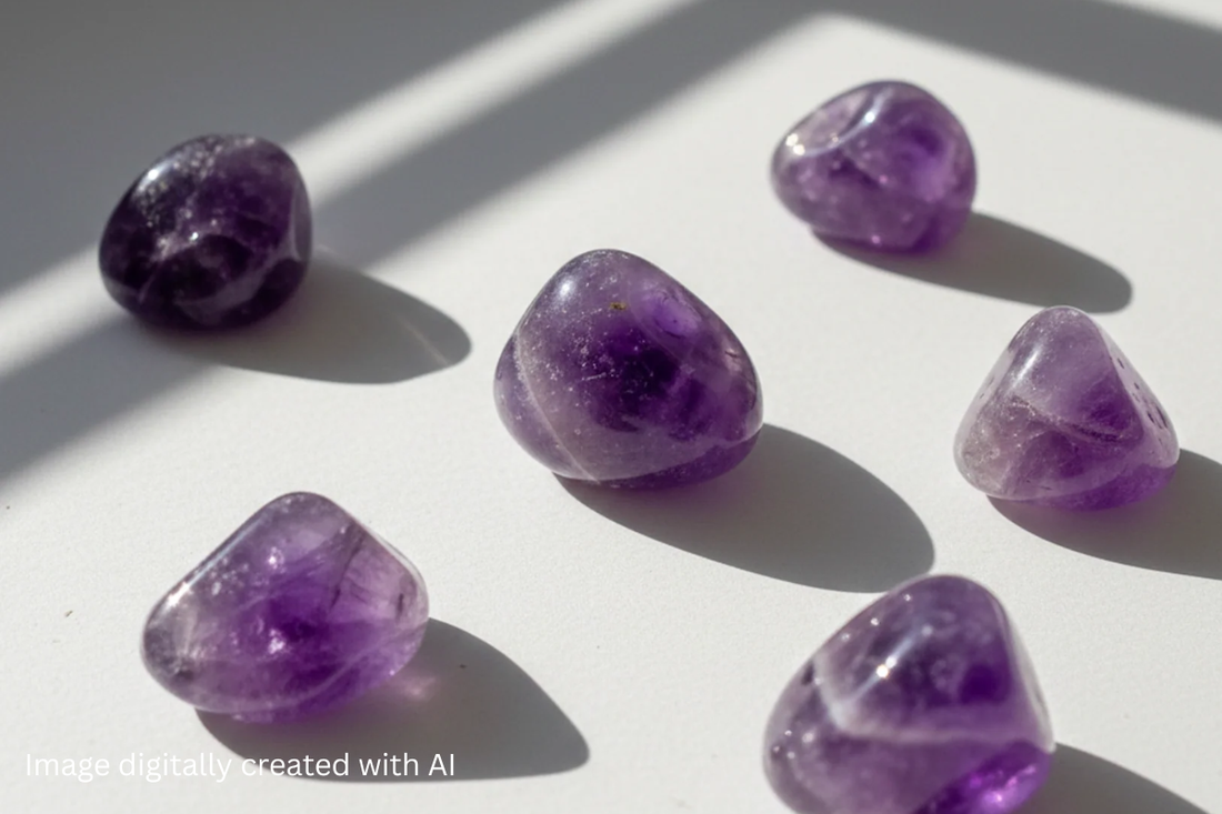 A shot of different Amethyst crystals positioned against a neutral background with natural sunlight spread across the crystals.