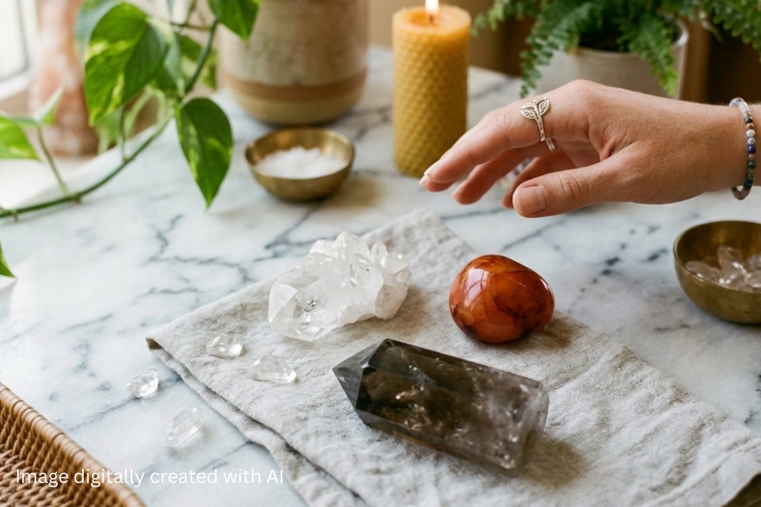 A woman's hand reaching over some healing crystals, positioned alongside some candles.