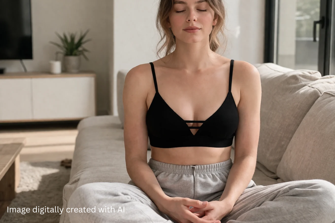 An image of a woman wearing an Alma bralette whilst sitting crossed legged and meditating on a couch.