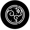 Circular logo with a stylised design on a black background
